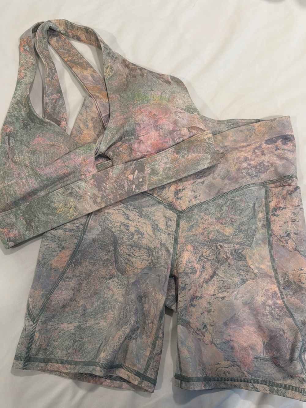 Fabletics Marbled Pastel Sports Bra & Biker Shorts Set